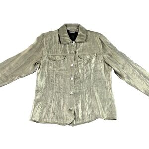 Chico's 1 US‎ M Shiny Green Metallic Shirt Jacket Pearl Buttons Career Party
